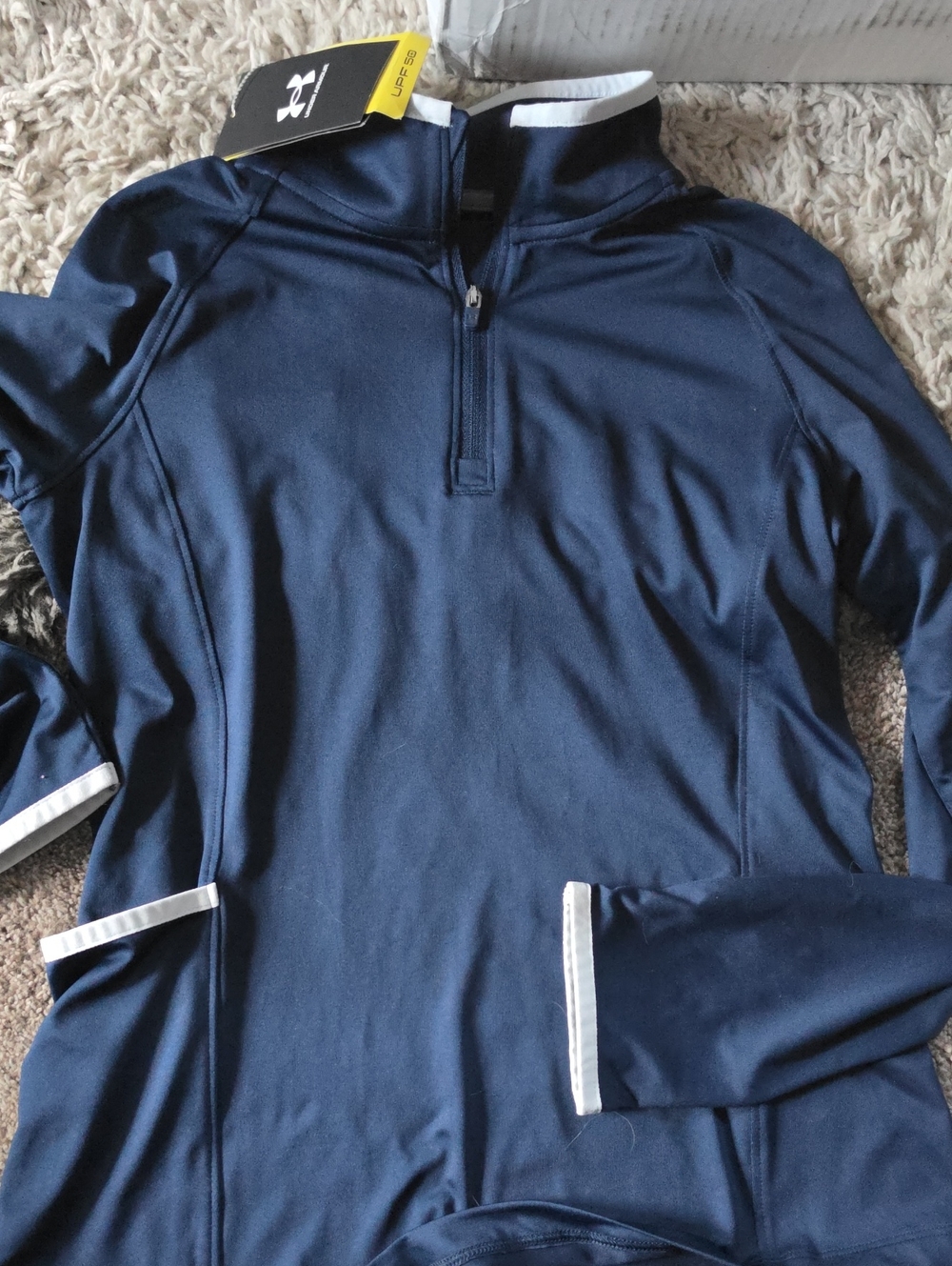 NWT Under Armour Navy Quarter-Zip Pullover with White Trim GIRLS SIZE YM. - Picture 1 of 9